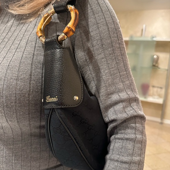 Gucci Bamboo Ring Half Moon Medium Black Canvas - Picture 12 of 13